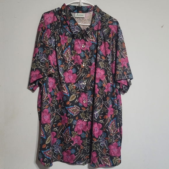 Womens Top Sz 5X Pink Floral Plus Size Button Up Blouse Joanna USA Black Magenta - Picture 1 of 4